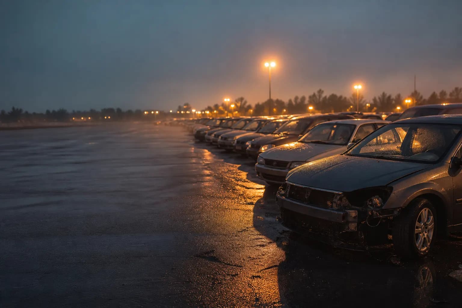 Salvage auction lot at dusk with wet asphalt and sodium yard lights